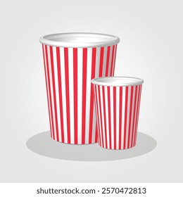 Striped empty popcorn bucket isolated on a white background. Classic design with bold red and white vertical stripes, ideal for movie nights, theaters, or snack branding visuals.