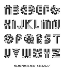 Striped english alphabet. Vector linear font.