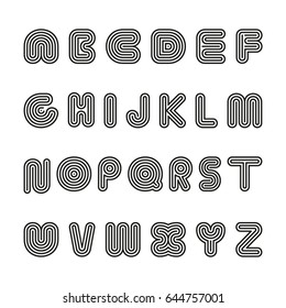 Striped english alphabet. Vector linear font. Black and white