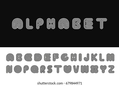 Striped english alphabet. Vector linear font.