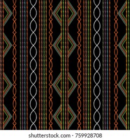 Striped ethnic embroidery seamless pattern. Modern abstract grunge background. Geometric tapesrty ornaments. Tribal embroidered pattern. Design with rhombus, shapes, waves, lines, stripes, borders