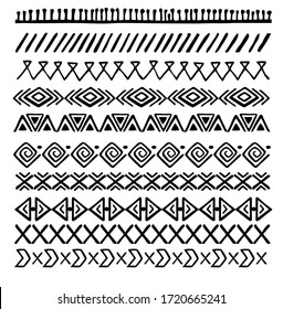 Striped ethnic seamless pattern with dots, triangles, stripes, squares. Tribal linear geometrical background. Vector illustration.