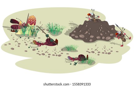 striped evil cockroaches attack small ants in an anthill. A scene with a fight. Cartoon illustration.