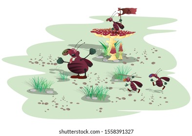 striped evil cockroaches flee to the attack. The scene of the battle. Cartoon illustration.