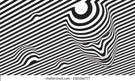 Striped face. Illusion of vector black and white lines forming waves and face