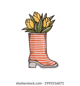 Striped female rubber boot with yellow tulips in bootleg, hand drawn cartoon vector illustration isolated on white background. Spring or summer flowers in gumboot.