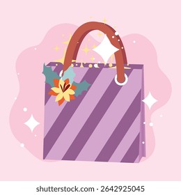 Bolso de regalo festivo a rayas. Ilustración vectorial