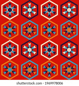 Striped figures. Mosaic with geometric shapes. Seamless pattern. Design with manual hatching. Textile. Ethnic boho ornament. Vector illustration for web design or print.
