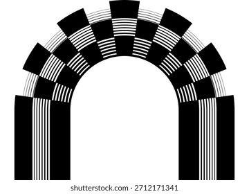 Arco de acabado rayado. Patrón negro Vector sobre fondo blanco. Elemento de diseño deportivo. Marco, semitono. Estilo de competición de juego de líneas y píxeles