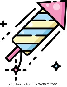 Striped firework with a pink tip icon. Festive and vibrant decoration for celebrations, New Years and Fourth of July party themes.