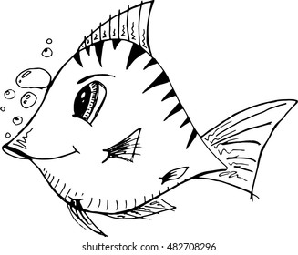 Striped fish. Funny fish. Vector illustration of an aquarium cartoon fish. Hand drawn cheerful fish.