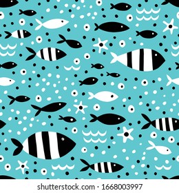 Striped fish on a blue background. Abstract vector seamless pattern in flat style.