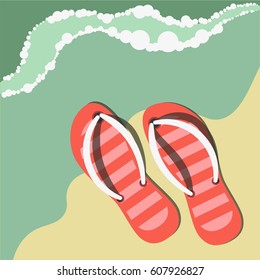 Giras a rayas sobre la arena cerca del agua. Ilustración vectorial de la composición de la playa de verano. Vacaciones en un campo caluroso cerca del océano. En verano descansa bajo un sol abrasador. Viajar a la costa