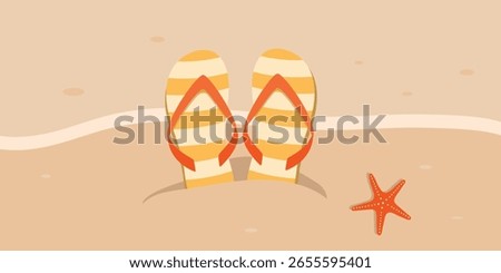 Striped Flip flops in the sand. Summer vector illustration for banner, card, invitation, sales.