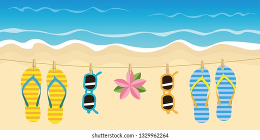 striped flip flops and sunglasses hang on a rope on the beach vector illustration EPS10