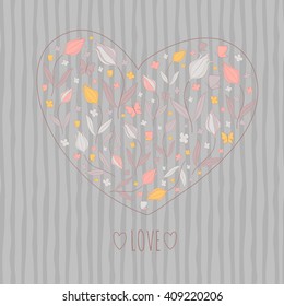 Striped floral heart with tulips and butterflies