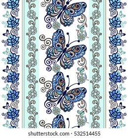 Striped  floral pattern with butterflies.  Vintage flowers seamless ornament in blue colors. Decorative ornament backdrop for fabric, textile, wrapping paper.