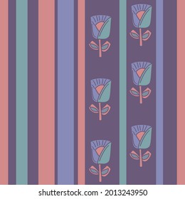 Striped, floral vector repeating pattern in purple, pink and green soft shades