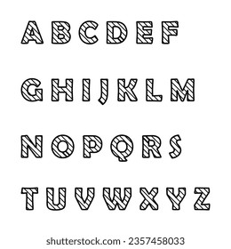 Striped font design, black and white letters of the English alphabet. vector illustration