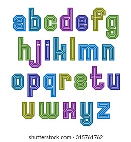 Striped font, geometric bright typeface with parallel lines. Colorful regular lowercase letters.