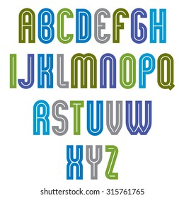Striped font, geometric bright typeface with parallel lines. Colorful rounded regular uppercase letters.