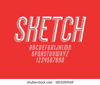 Striped font, trendy flat color alphabet sans serif, modern condensed Latin letters from A to Z and Arab numbers from 0 to 9, vector illustration 10EPS