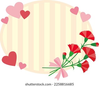 Striped frame background illustration with space for text of a bouquet of cute hearts and carnations that can be used for Mother's Day and other occasions.