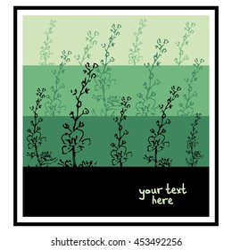 Striped frame Stock doodle flowers with leaves and stem. Graphically shaped plants. There is a place for your text. It can be used for packaging, invitations, greeting cards, etc.