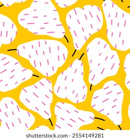 Striped fruit seamless pattern. Vector pear. Doodle white pear on yellow background. Dashes texture