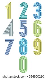 Striped funky numbers set, vector colorful retro style design. Numeration from 0 to 9