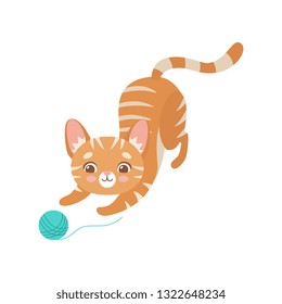 Striped Funny Red Cat Playing with Ball of Yarn, Cute Kitten Animal Pet Character Vector Illustration