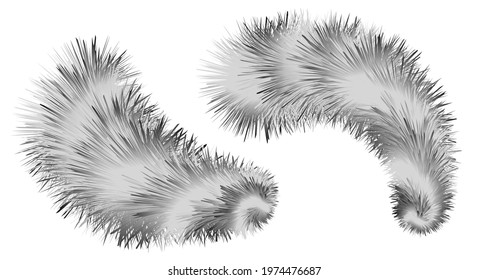 Striped furry brush pompoms.  Shaggy fluffy fur realistic texture. Black and white decorative elements isolated. Vector illustration.  