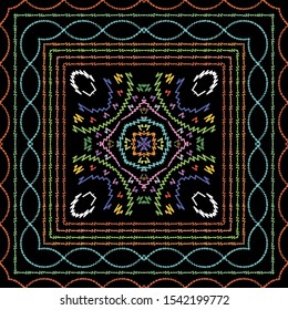 Striped geometric embroidery seamless pattern. Colorful vector background.Textured tapestry tribal ethnic style ornament with grunge embroidered abstract flowers, shapes, stripes, square frames, waves