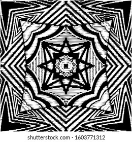 Striped geometric embroidery seamless pattern. Black and white abstract vector background.Textured tapestry ethnic tribal ornament with grunge embroidered rhombus, shapes, stripes, zigzag lines, stars