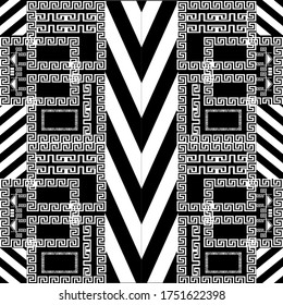Striped geometric greek key meander seamless pattern. Vector abstract black and white modern background. Stripes, zigzag, squares, rectangles, shapes. Tartan ornaments. Creative design for fabric
