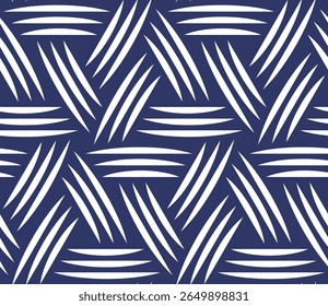 Striped geometric mesh with a modern design of thin white curved lines in the shape of vortexes on a blue background.  Seamless repeating pattern. Abstract vector illustration.