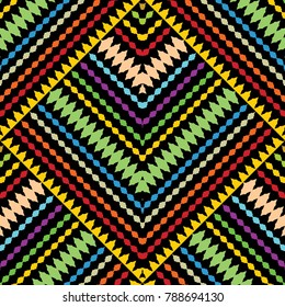 Striped geometric seamless pattern. Colorful  abstract tiled background with zigzag, wave lines, rhombus, shapes, figures, ethnic style ornaments. Isolated vector texture for fabric, prints