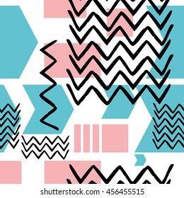 Striped geometric seamless pattern design. Hand drawn black stripes on colorful rectangles.