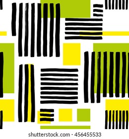 Striped geometric seamless pattern design. Hand drawn black stripes on colorful rectangles.