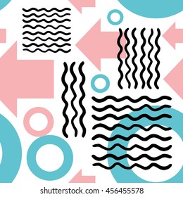 Striped geometric seamless pattern design. Hand drawn black stripes on colorful rectangles.
