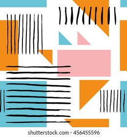 Striped geometric seamless pattern design. Hand drawn black stripes on colorful rectangles.
