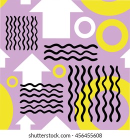Striped geometric seamless pattern design. Hand drawn black stripes on colorful rectangles.