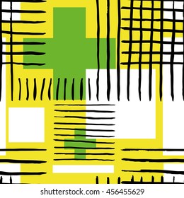 Striped geometric seamless pattern design. Hand drawn black stripes on colorful rectangles.