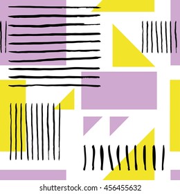 Striped geometric seamless pattern design. Hand drawn black stripes on colorful rectangles.