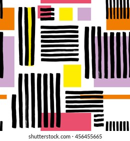 Striped geometric seamless pattern design. Hand drawn black stripes on colorful rectangles.