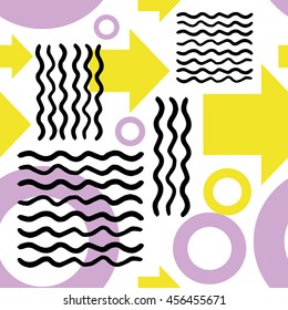 Striped geometric seamless pattern design. Hand drawn black stripes on colorful rectangles.