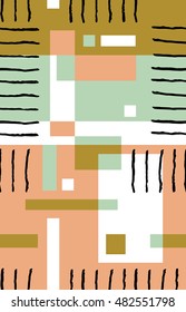 Striped geometric seamless pattern design. Hand drawn black stripes on colorful rectangles.