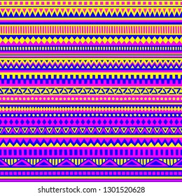 Striped geometric seamless pattern. Ethnic and tribal motifs. Violet, blue and yellow shades. Vector illustration.