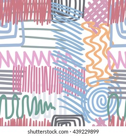 Striped geometric seamless pattern. Hand drawn uneven black stripes on colorful rectangles, free layout. Blue, grey, pink and green tones. Textile design.