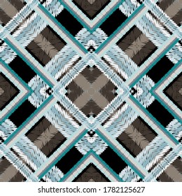 Striped geometric seamless pattern. Textured ornamental tapestry vector background. Repeat embroidery ornament. Embroidered texture. Decorative grid backdrop. Grunge colorful design with stripes.